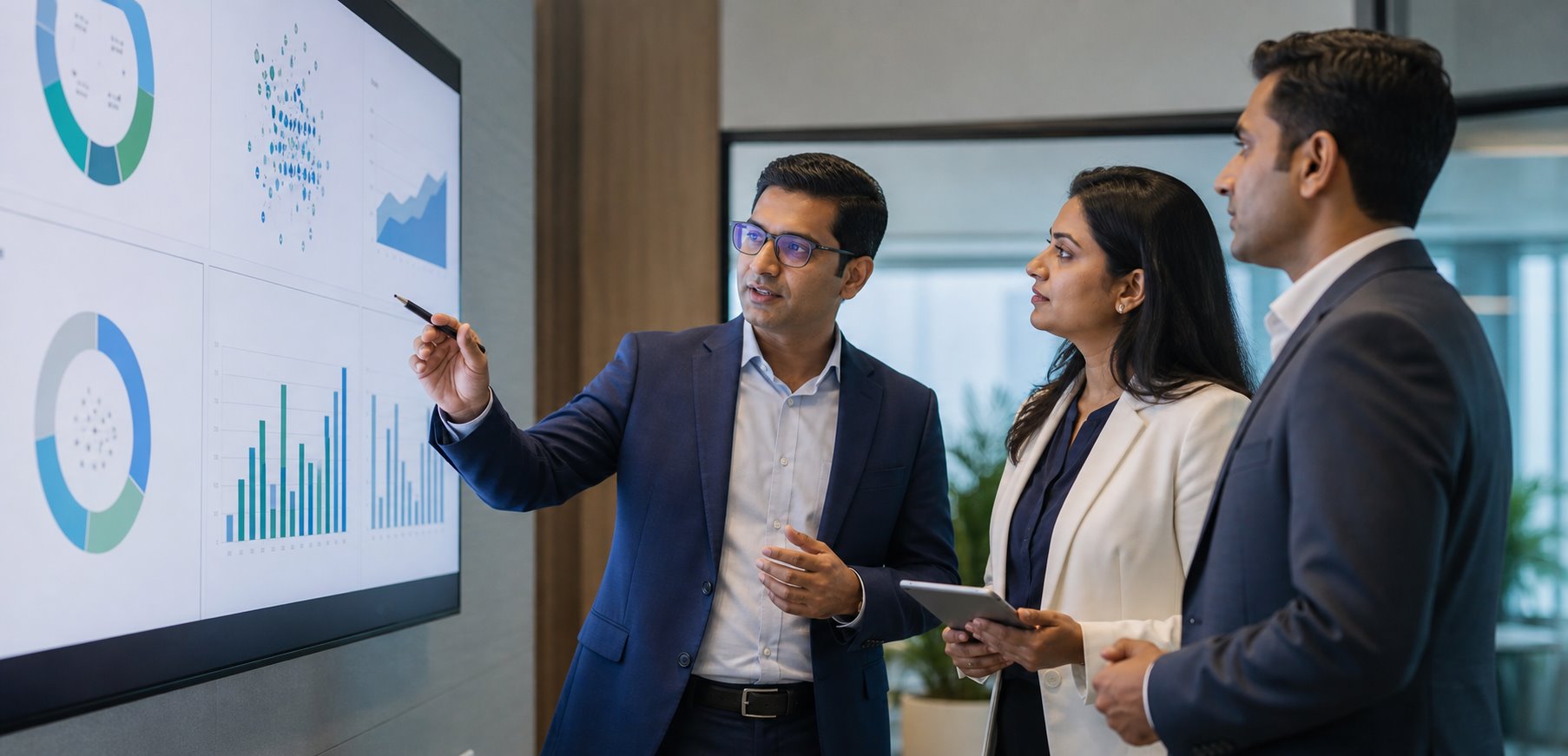 Business and technology leaders reviewing project performance analytics