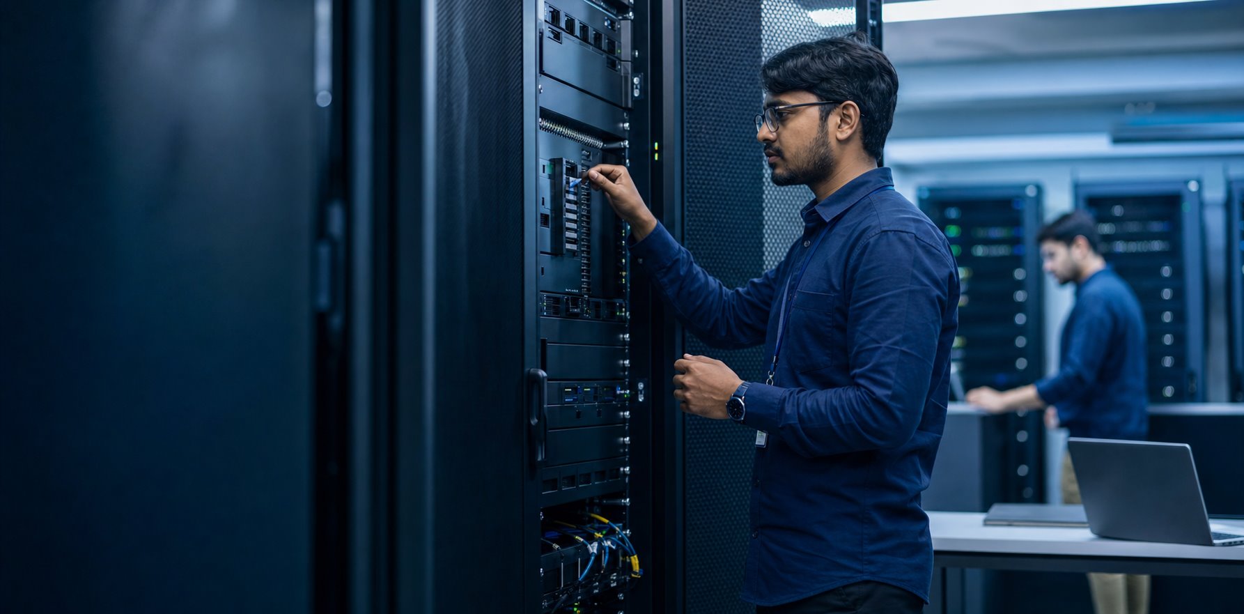 IT engineer maintaining secure enterprise infrastructure in a data center